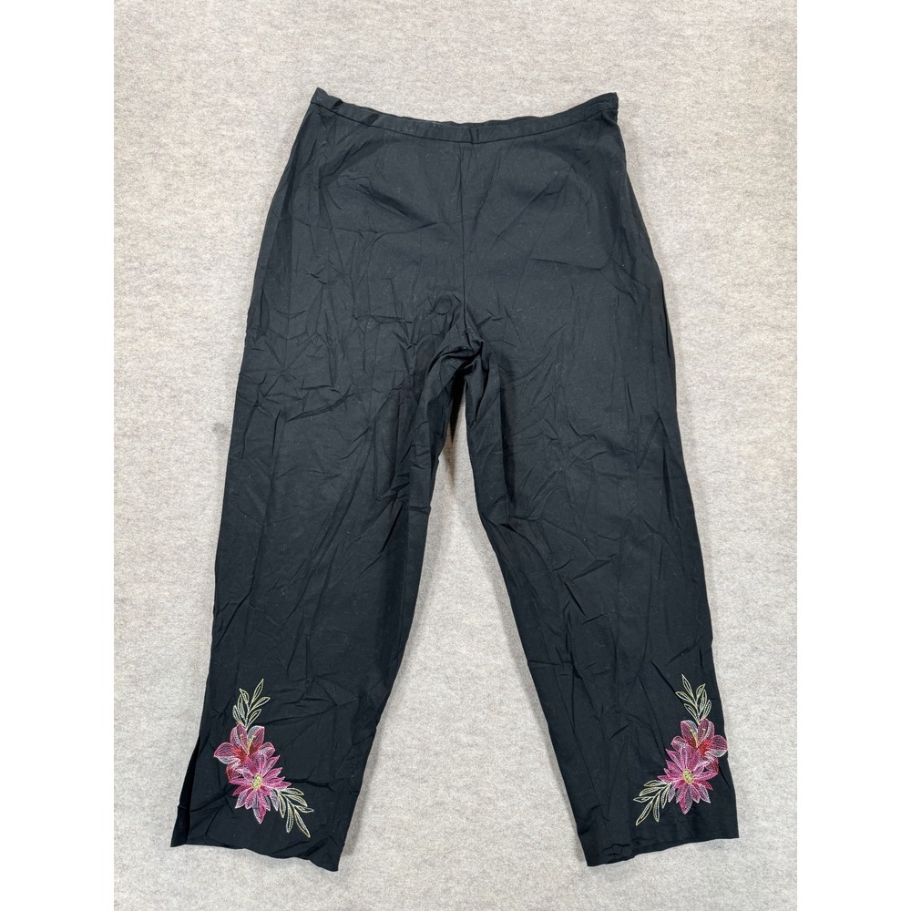 Emma & James Liz Claiborne Crop Pants Womens 16 Black Floral Embroidered Pull On